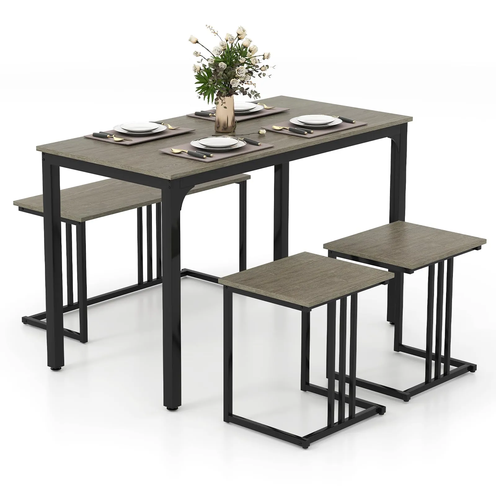 Giantex Dining Table Set for 4 Industrial Kitchen Table 2 Chairs Stool & Bench