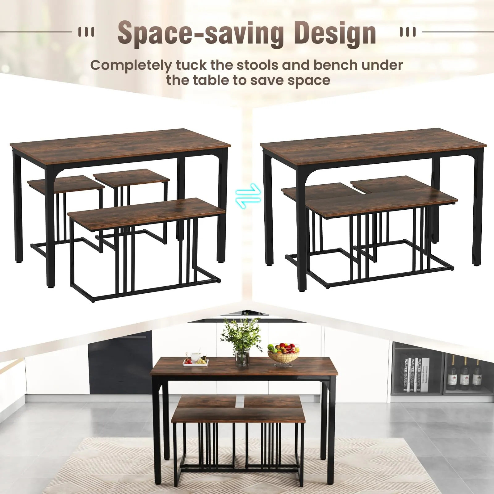 Giantex Dining Table Set for 4 Industrial Kitchen Table 2 Chairs Stool & Bench