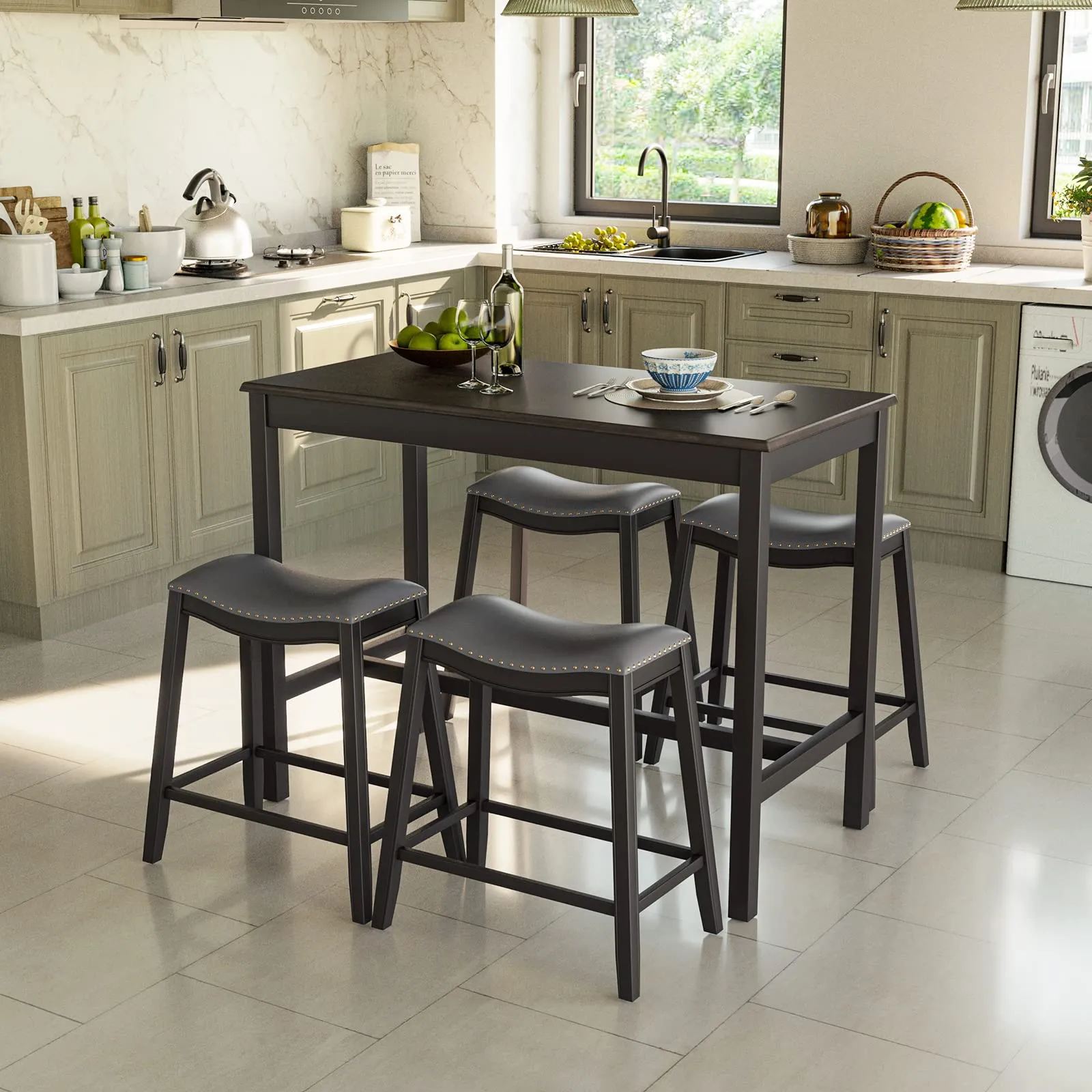 Giantex Dining Table Set for 4, Kitchen Counter Height Table w/ 4 Stools (Black)