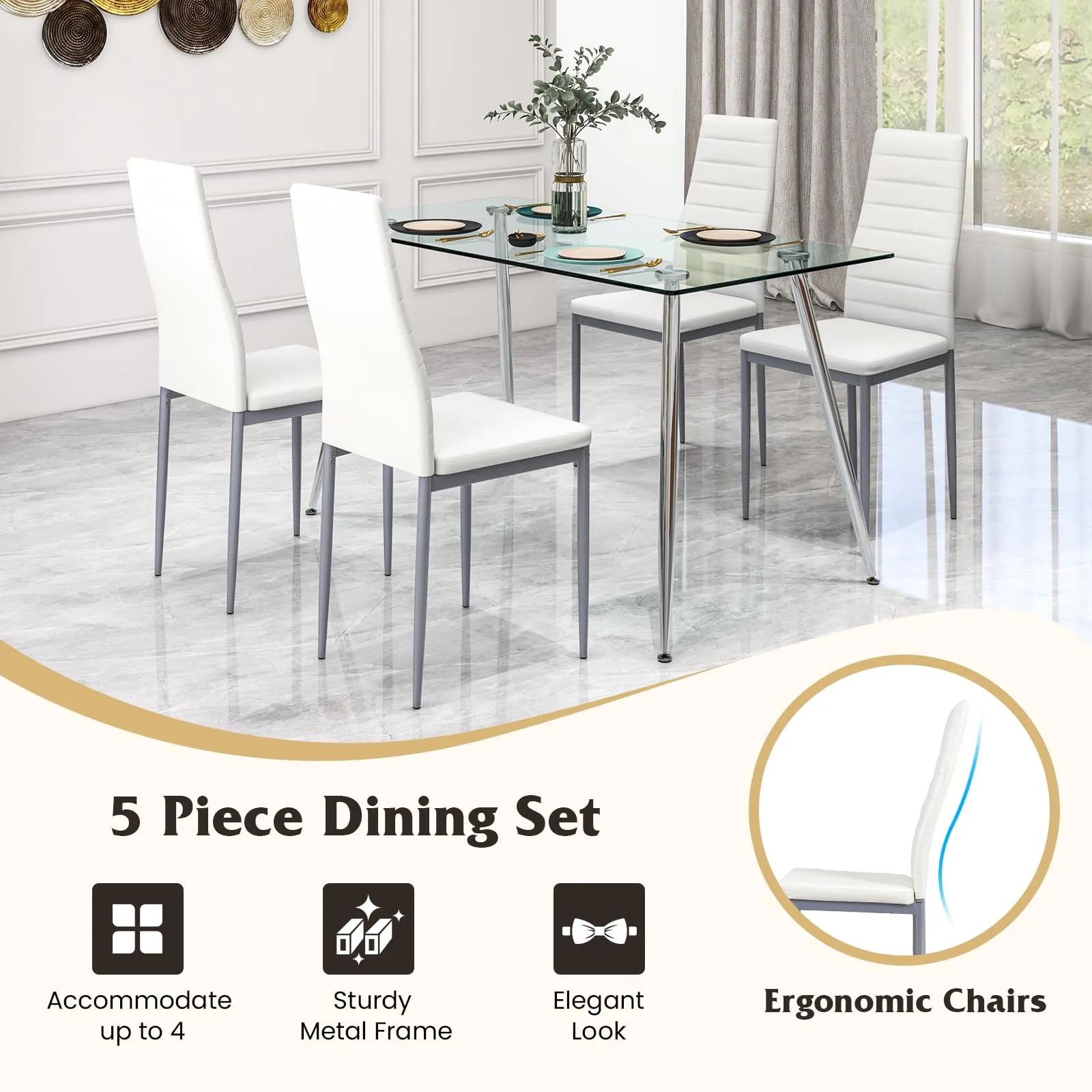 Giantex Dining Table Set for 4, Kitchen Table Chairs Set with 51 Rectangle Glass Dining Table