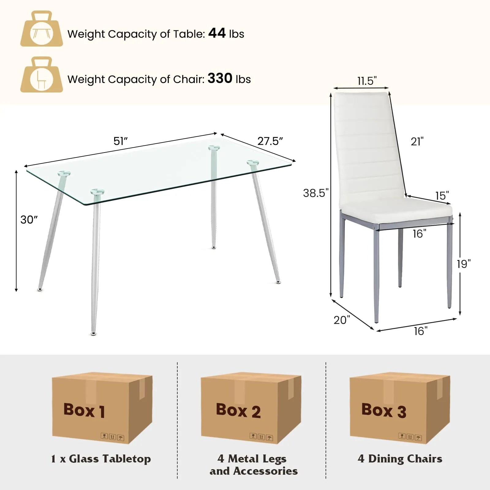 Giantex Dining Table Set for 4, Kitchen Table Chairs Set with 51 Rectangle Glass Dining Table
