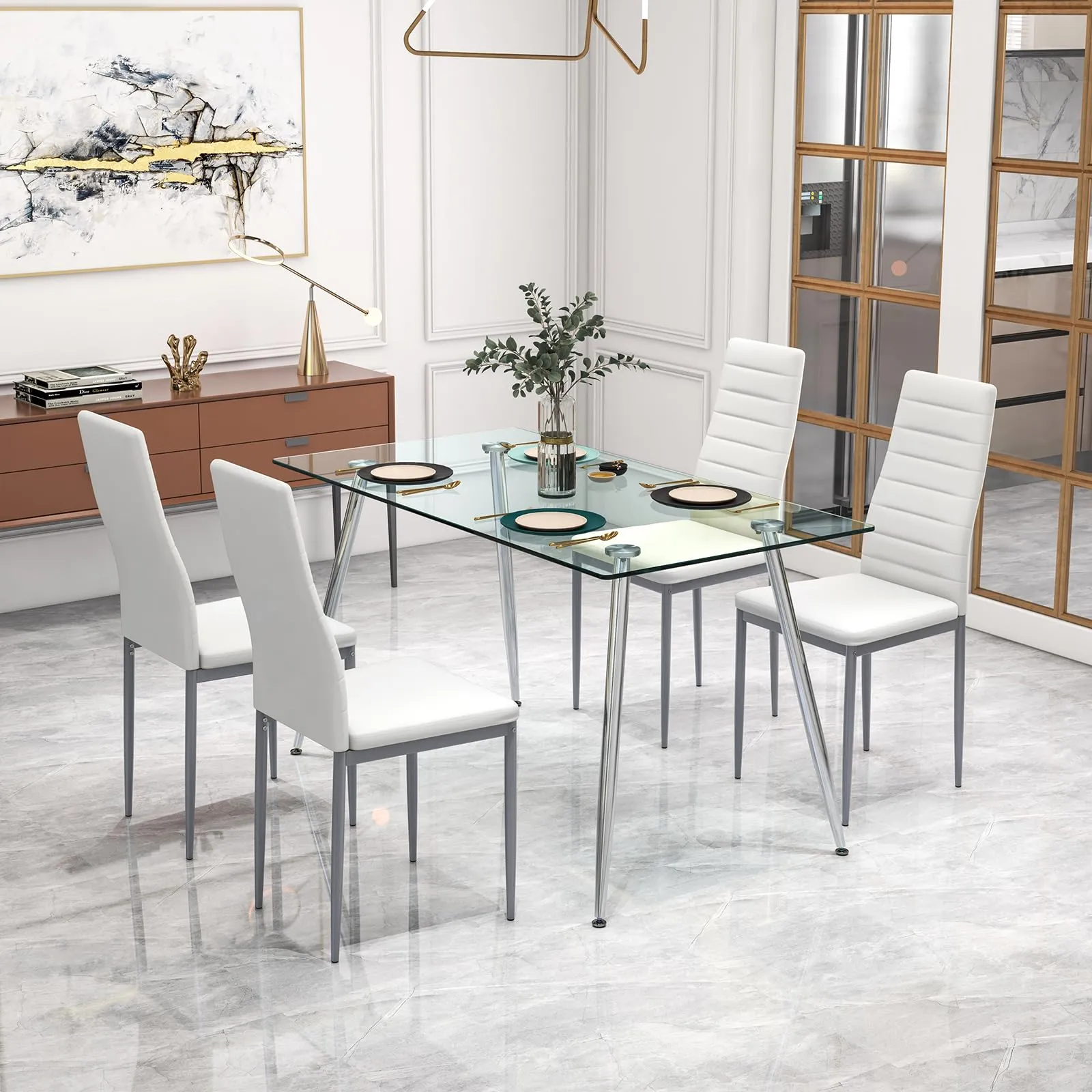 Giantex Dining Table Set for 4, Kitchen Table Chairs Set with 51 Rectangle Glass Dining Table