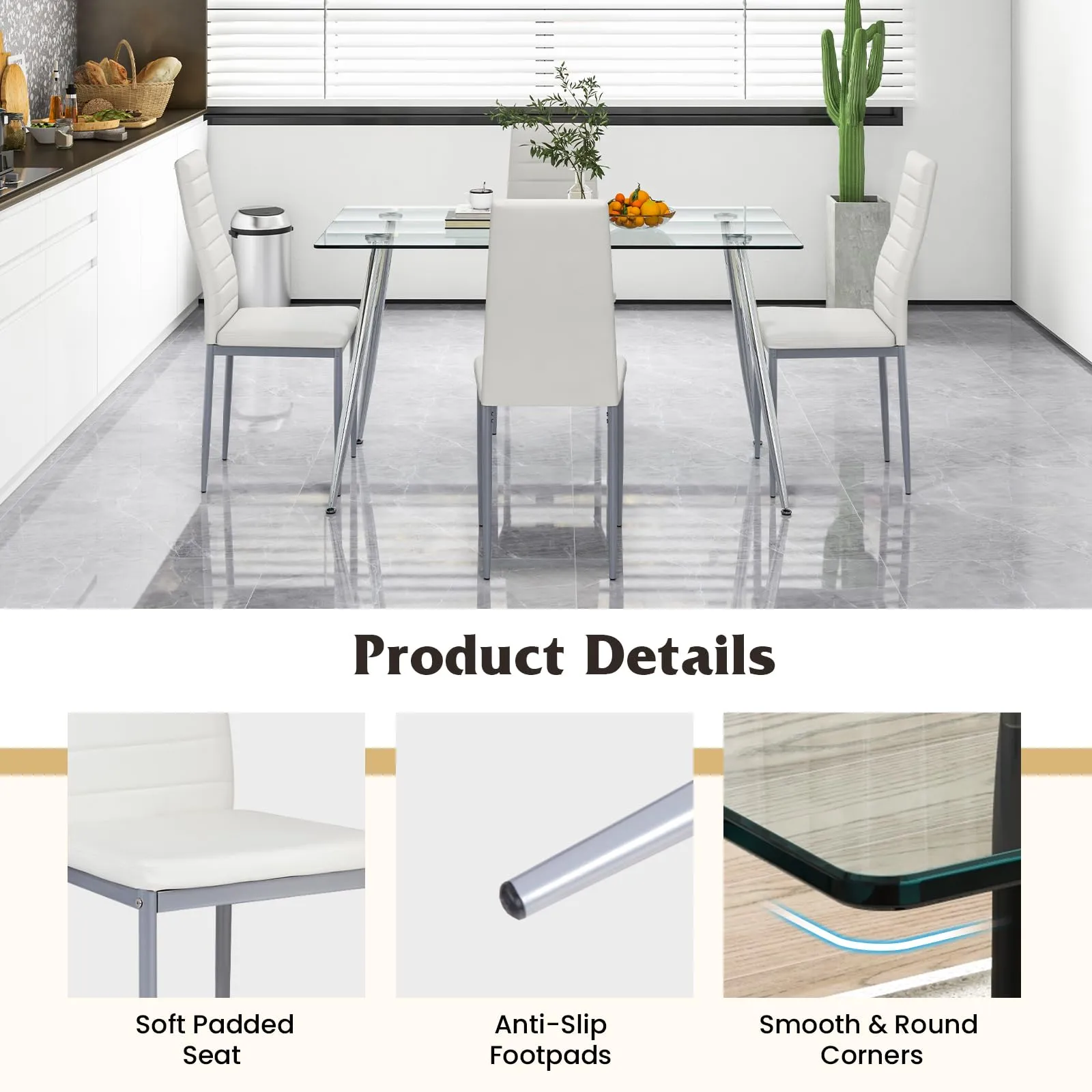 Giantex Dining Table Set for 4, Kitchen Table Chairs Set with 51 Rectangle Glass Dining Table