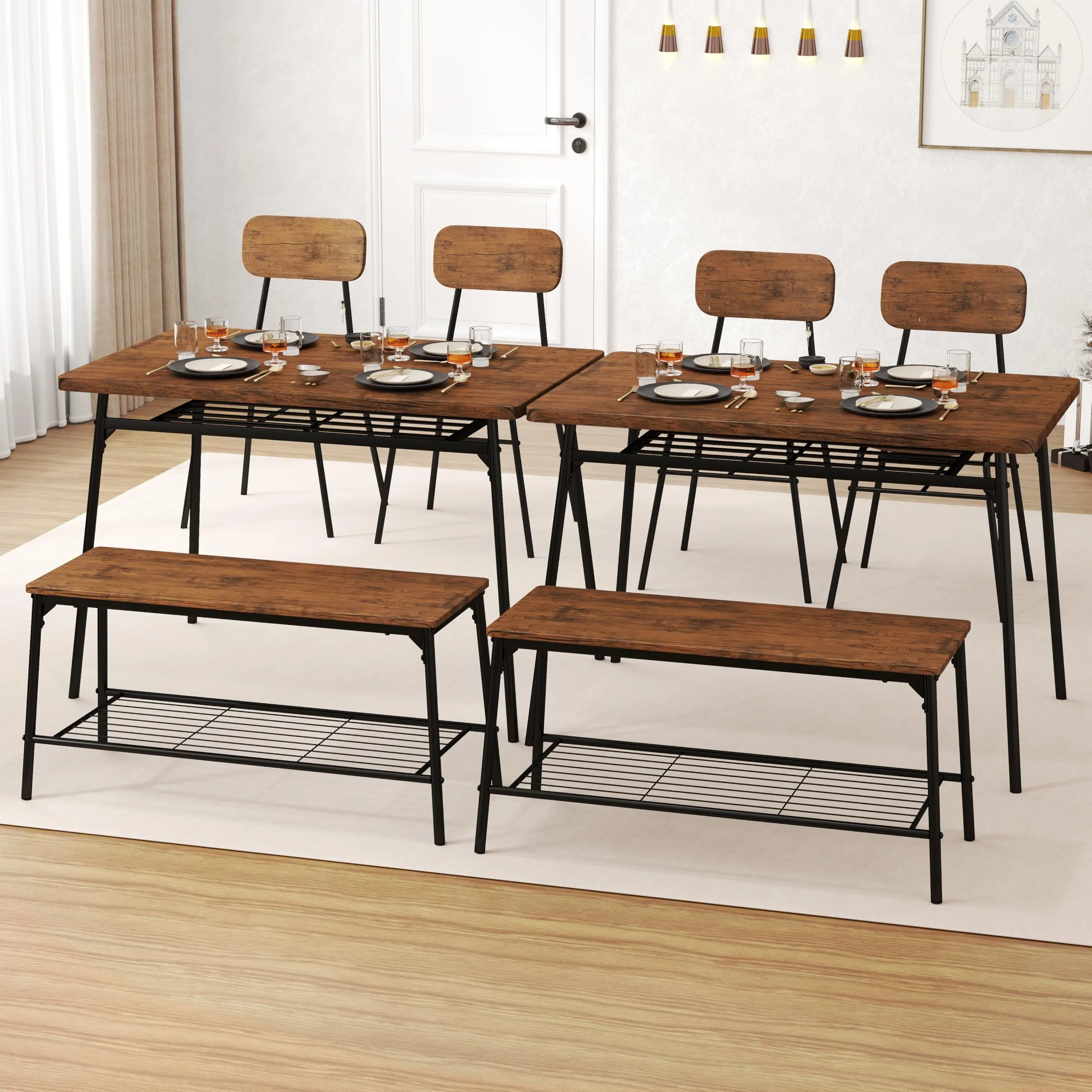 Giantex Dining Table Set for 4, Kitchen Table with Bench & 2 Chairs, Storage & Metal Frame