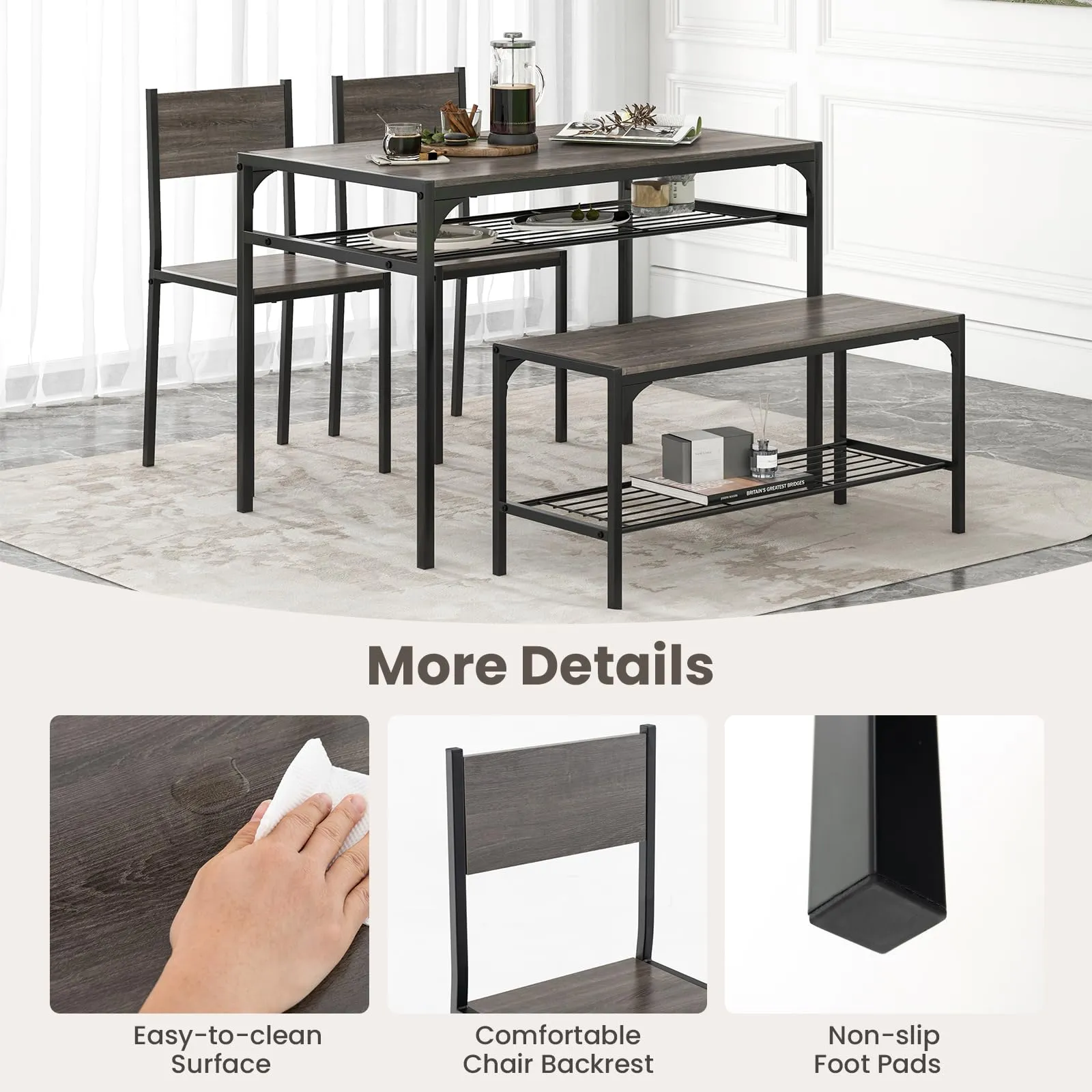 Giantex Dining Table Set for 4, Kitchen Table with Chairs & Bench, Storage Racks