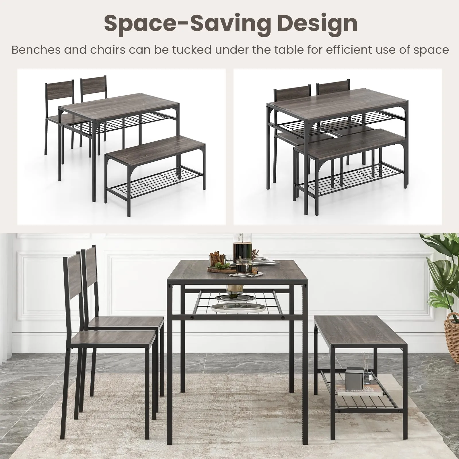 Giantex Dining Table Set for 4, Kitchen Table with Chairs & Bench, Storage Racks