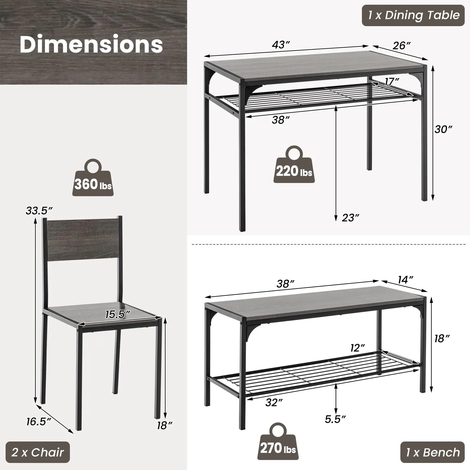 Giantex Dining Table Set for 4, Kitchen Table with Chairs & Bench, Storage Racks