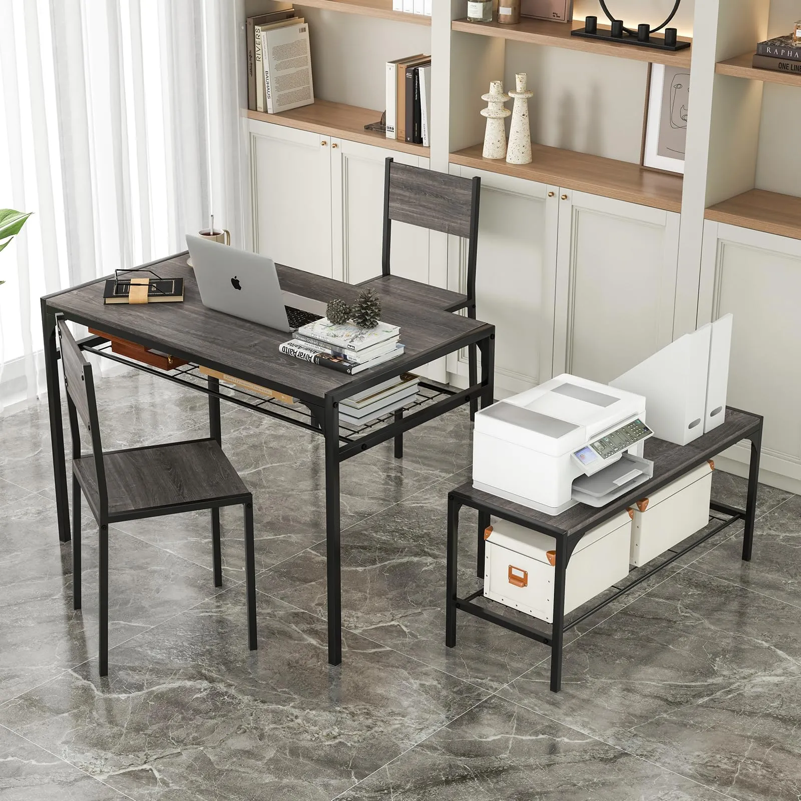 Giantex Dining Table Set for 4, Kitchen Table with Chairs & Bench, Storage Racks