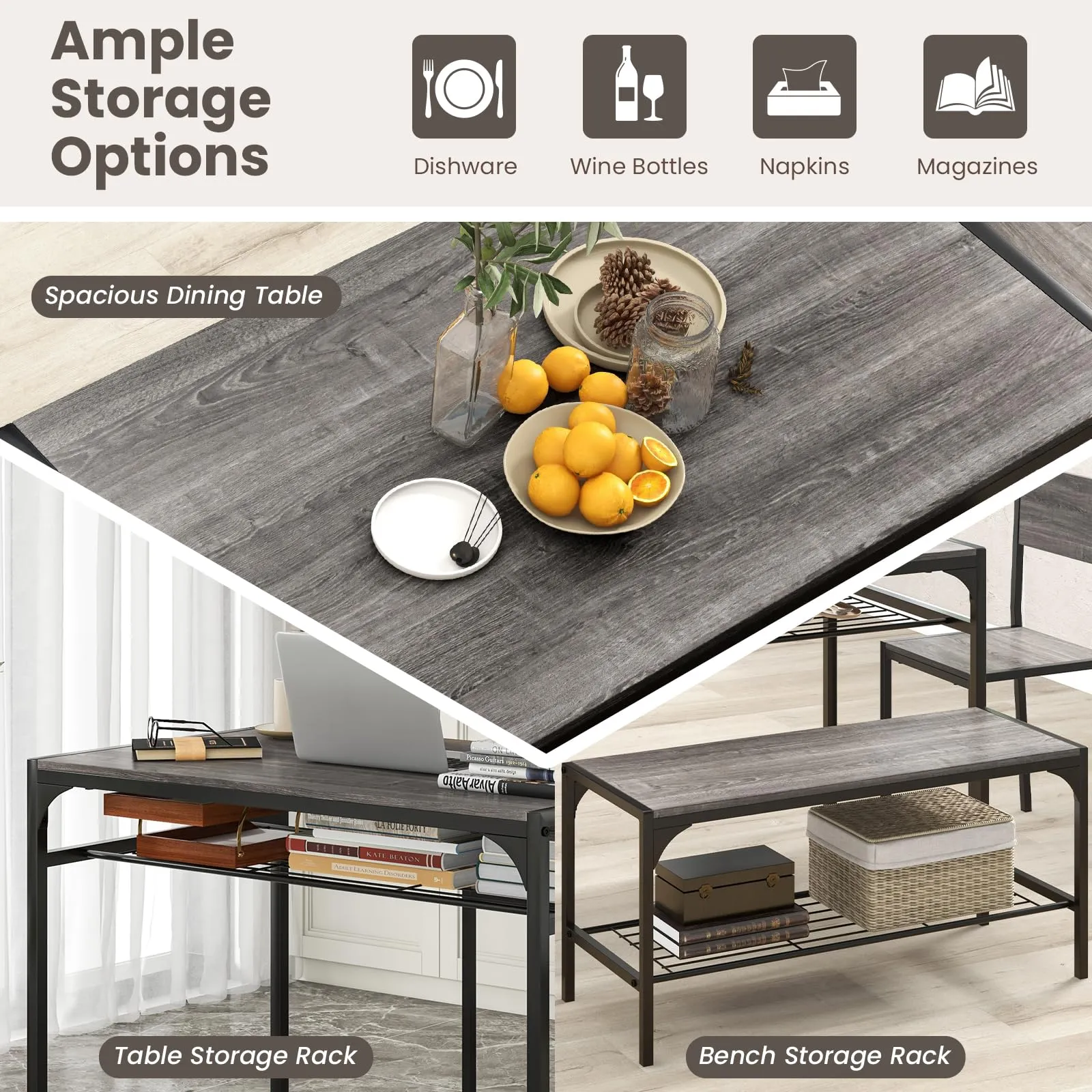 Giantex Dining Table Set for 4, Kitchen Table with Chairs & Bench, Storage Racks