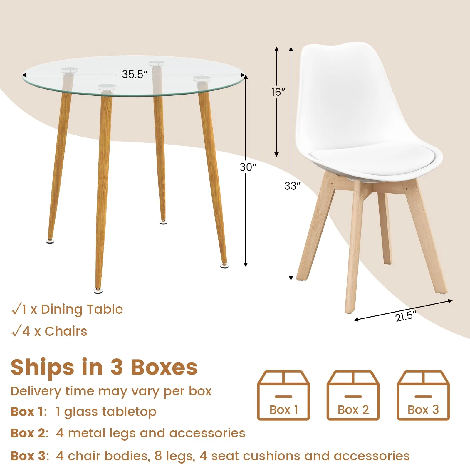 Giantex Dining Table Set for 4, Modern 5-Piece Dining Room Set w/ 1 Round Tempered Glass Table & 4 High Back Chairs