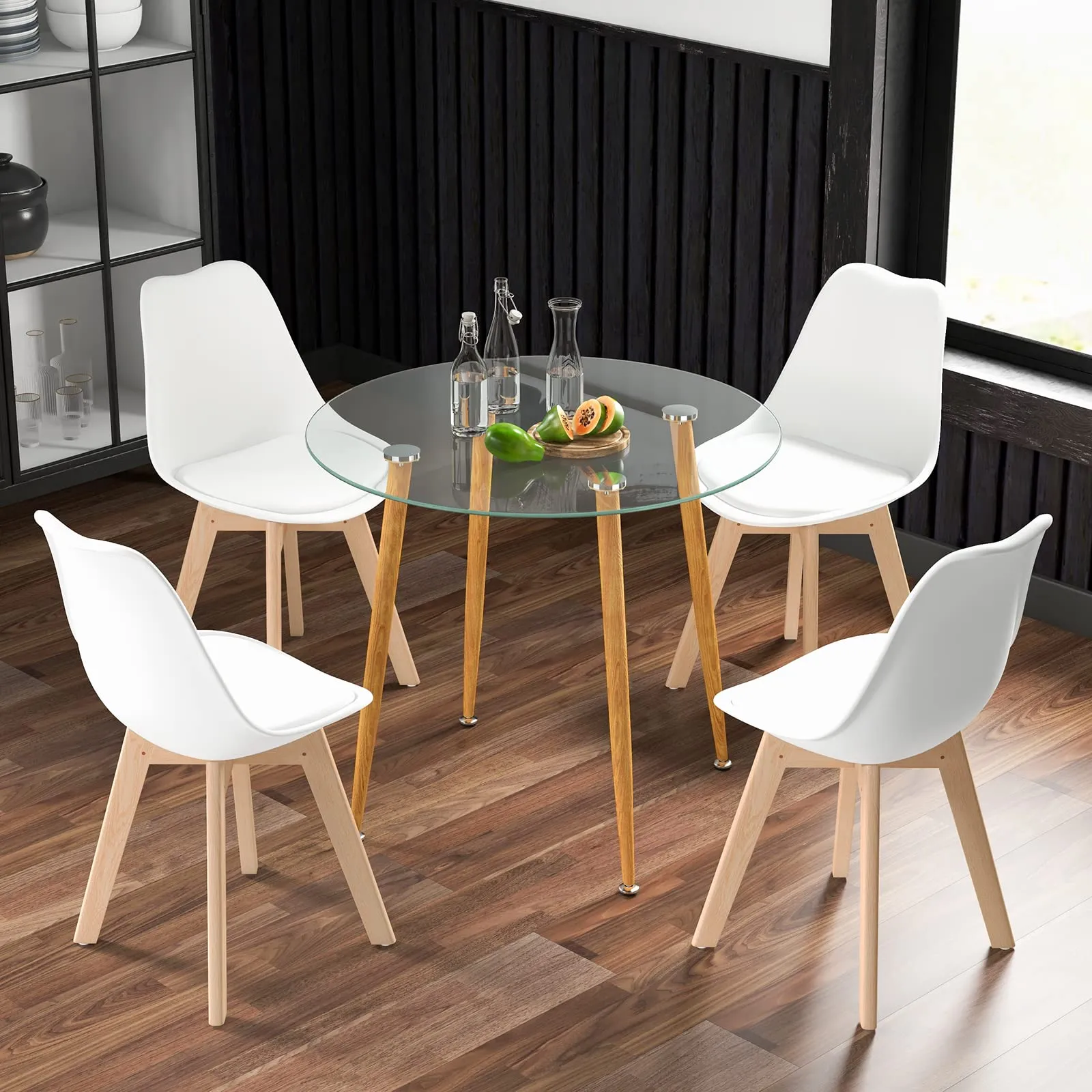 Giantex Dining Table Set for 4, Modern 5-Piece Dining Room Set w/ 1 Round Tempered Glass Table & 4 High Back Chairs