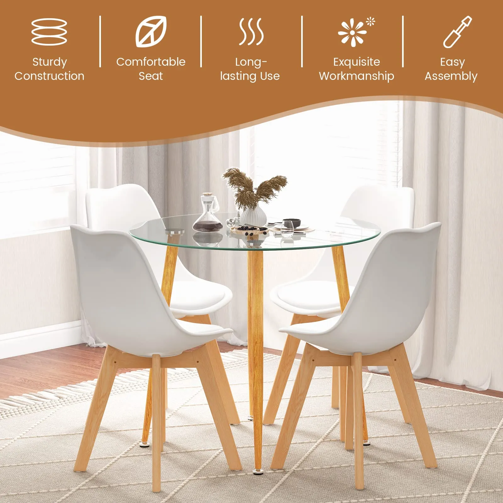 Giantex Dining Table Set for 4, Modern 5-Piece Dining Room Set w/ 1 Round Tempered Glass Table & 4 High Back Chairs