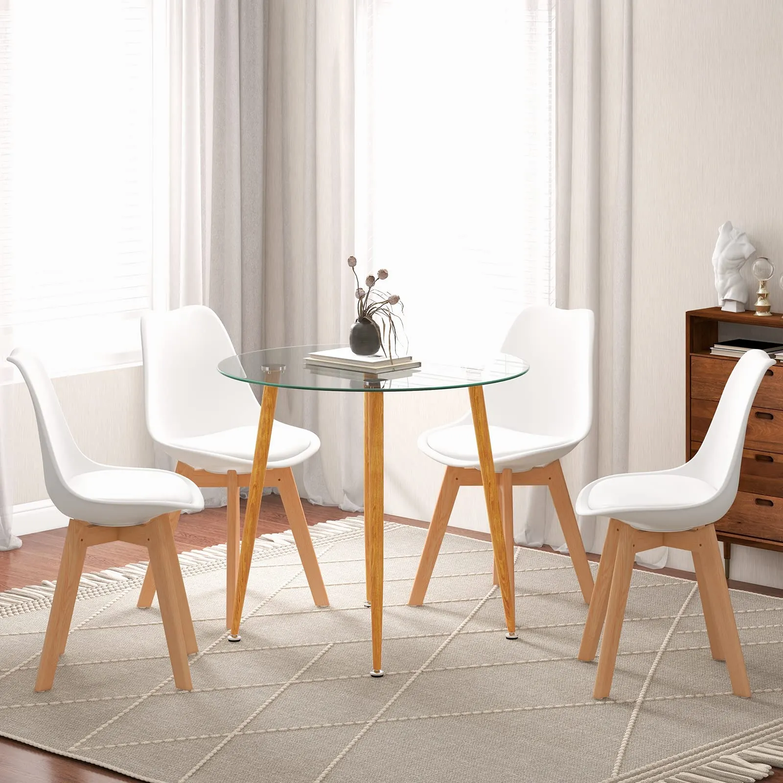 Giantex Dining Table Set for 4, Modern 5-Piece Dining Room Set w/ 1 Round Tempered Glass Table & 4 High Back Chairs