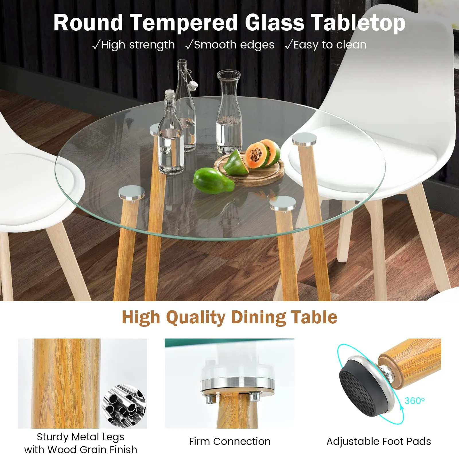 Giantex Dining Table Set for 4, Modern 5-Piece Dining Room Set w/ 1 Round Tempered Glass Table & 4 High Back Chairs