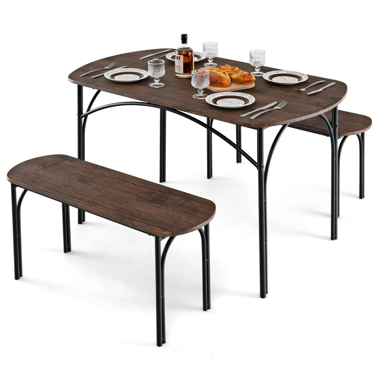 Giantex Dining Table Set for 4, Modern Oval Kitchen Table Set with 2 Benches, Metal Frame tablecloth, dining table