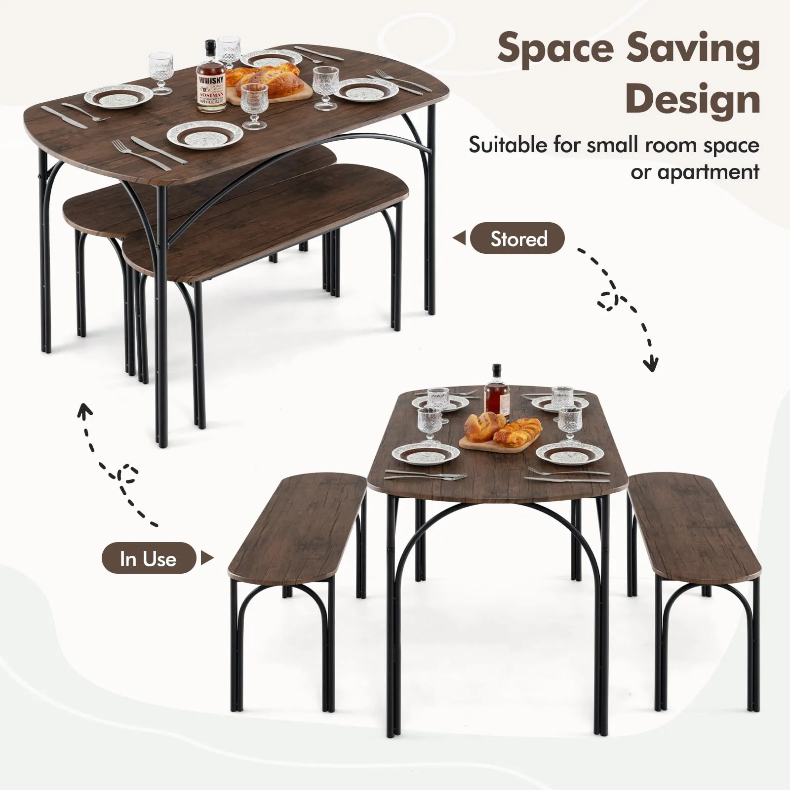 Giantex Dining Table Set for 4, Modern Oval Kitchen Table Set with 2 Benches, Metal Frame