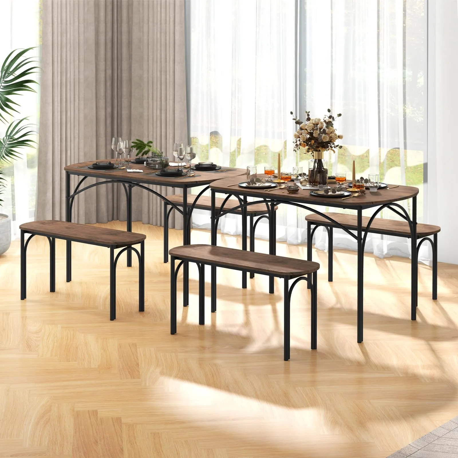 Giantex Dining Table Set for 4, Modern Oval Kitchen Table Set with 2 Benches, Metal Frame