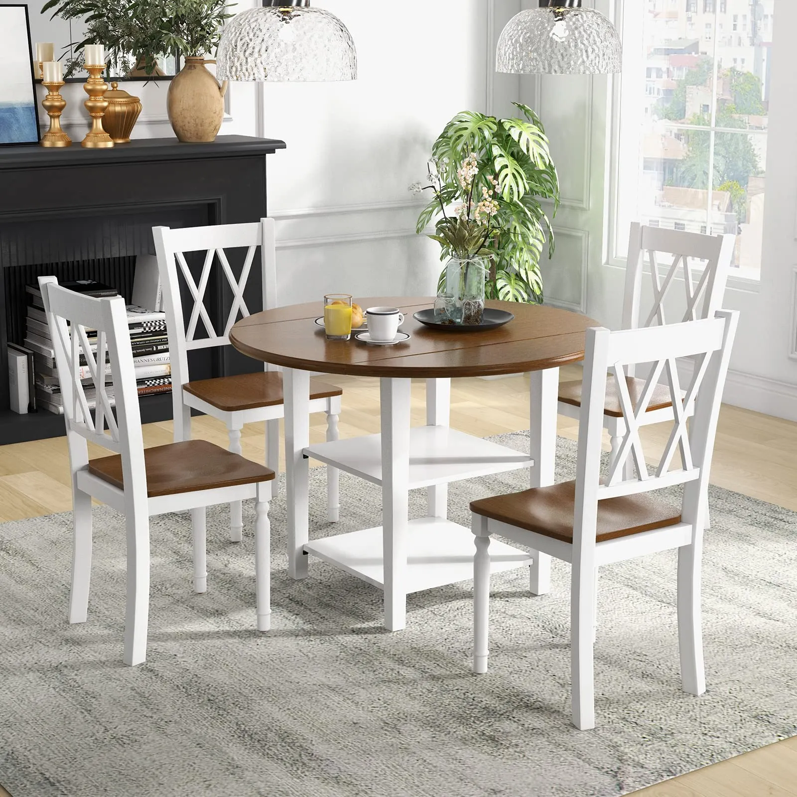 Giantex Dining Table Set for 4 w/Drop Leaf Round Kitchen Table & 4 Chairs, Dining Room Table w/Storage tablecloth, dining table