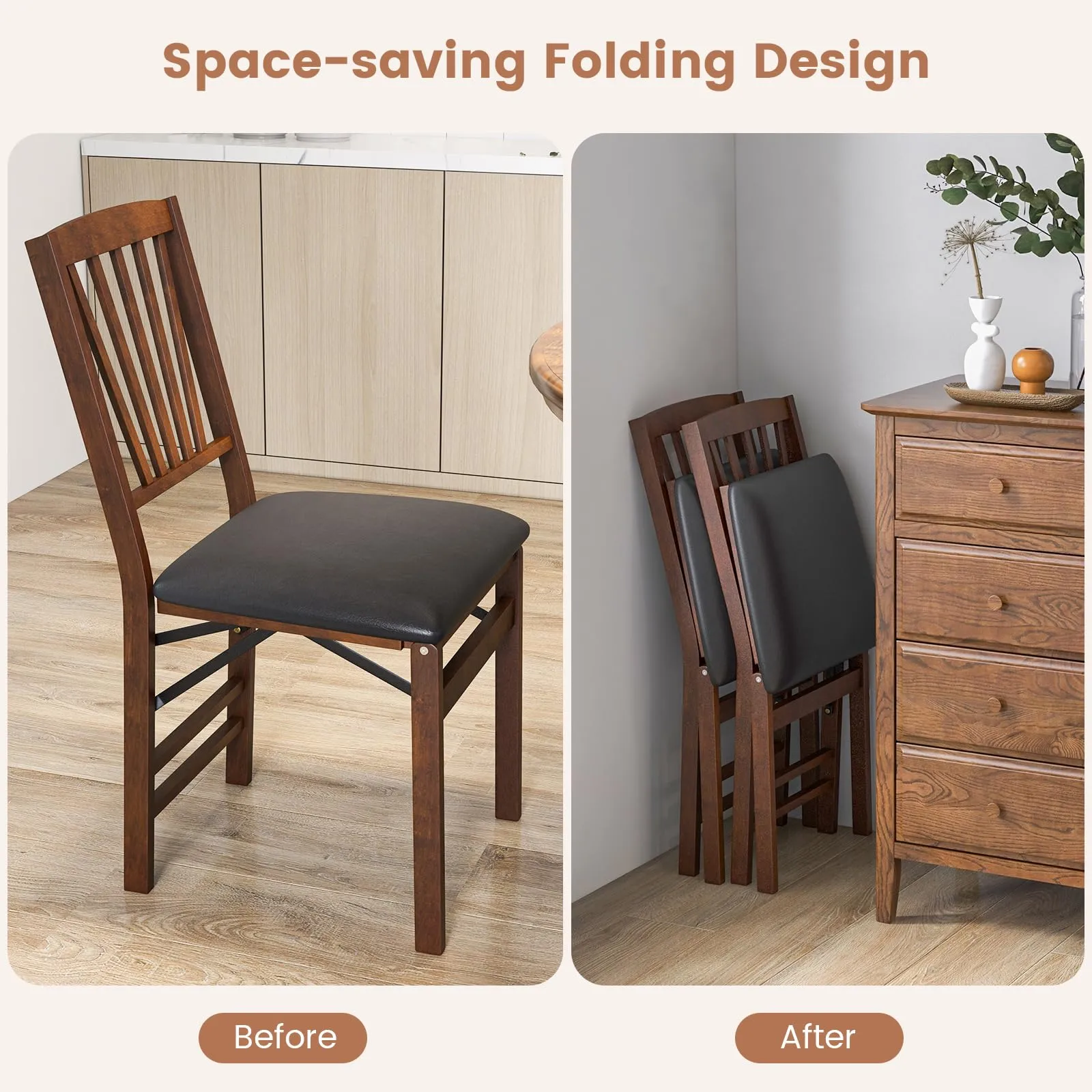 Giantex Folding Dining Chairs Set of 2, Foldable Wood Kitchen Chairs with Padded Seat