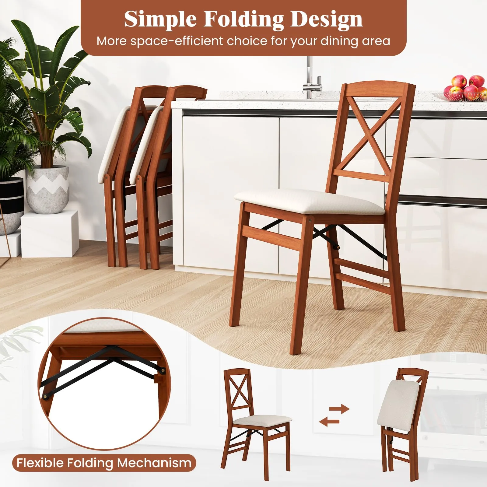 Giantex Folding Dining Chairs Set of 2/4, Modern Kitchen Chairs w/Padded Seat & Cross Backrest
