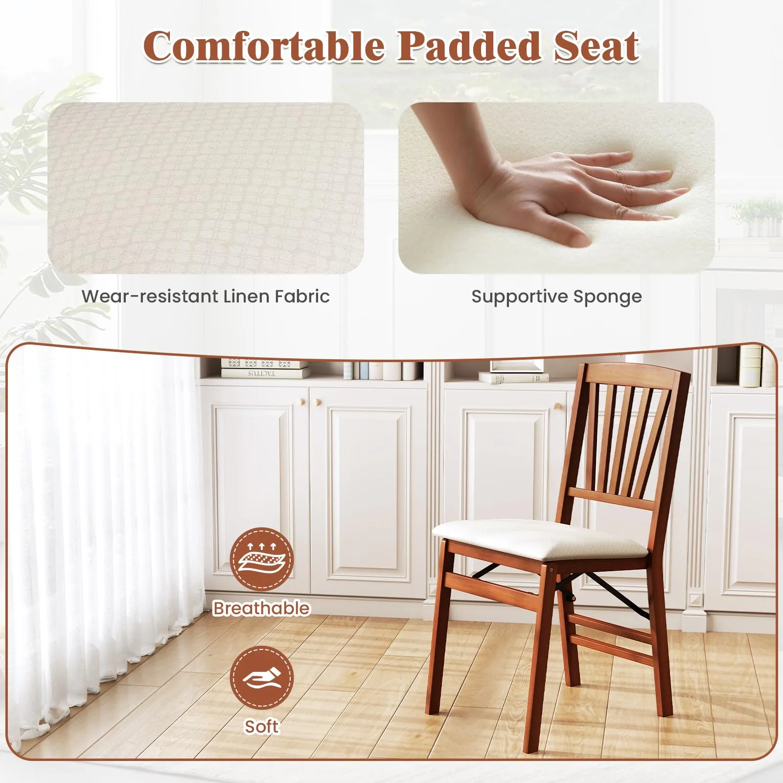 Giantex Folding Dining Chairs Set of 2/4, Modern Kitchen Chairs w/Padded Seat & Slatted Backrest, Rubber Wood Frame