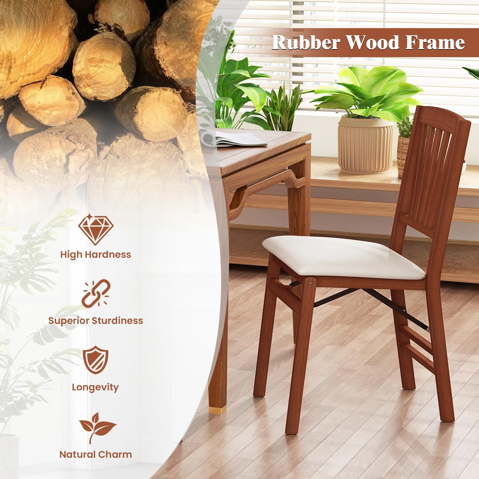 Giantex Folding Dining Chairs Set of 2/4, Modern Kitchen Chairs w/Padded Seat & Slatted Backrest, Rubber Wood Frame