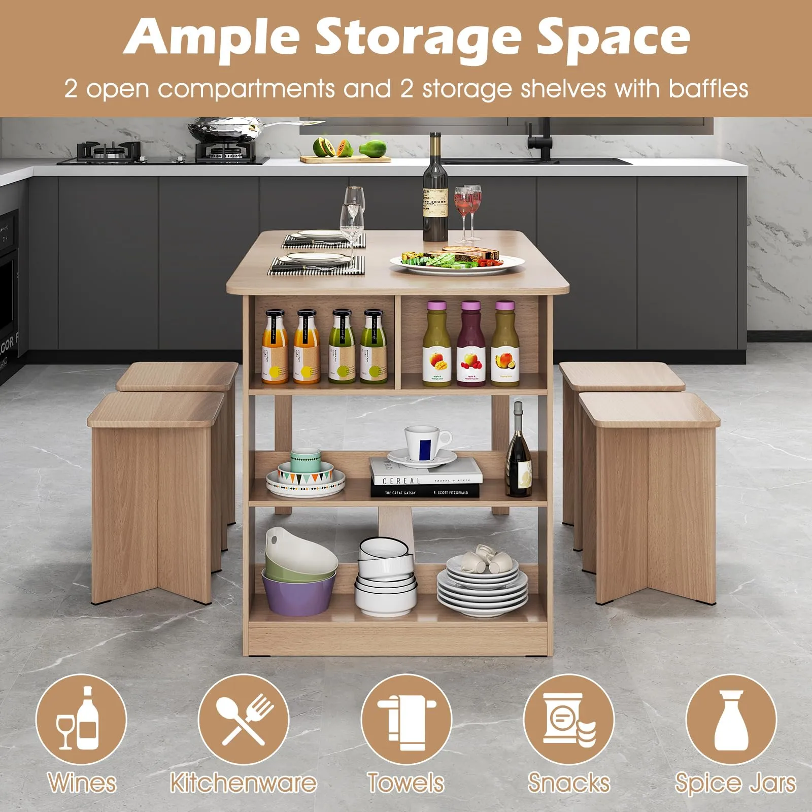 Giantex Kitchen Table Set for 4 with Side Storage Shelf