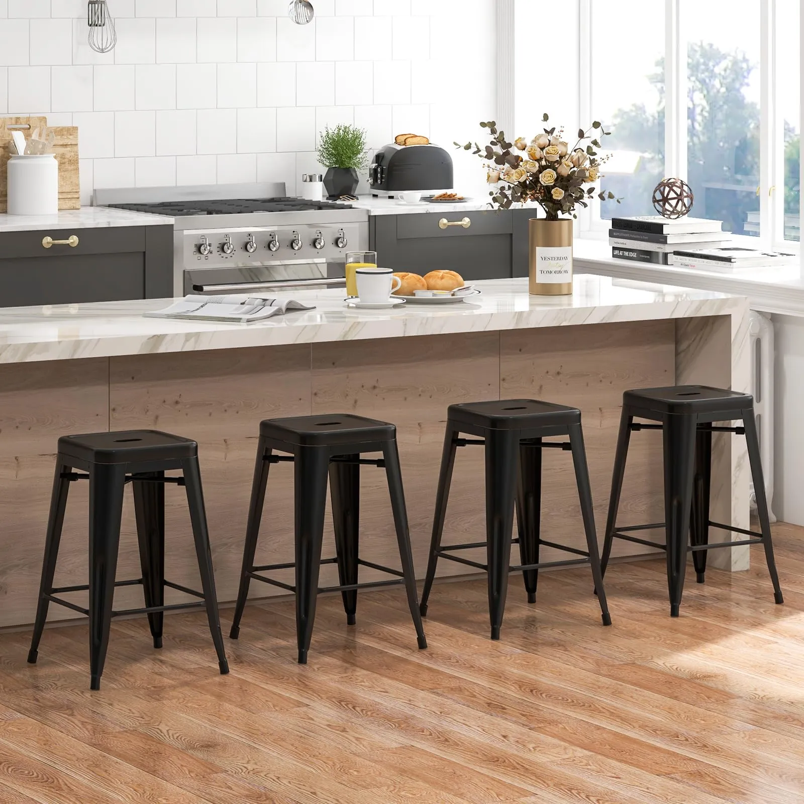 Giantex Metal Backless Bar Stools Set of 4, 24" Industrial Counter Height Bar Stools w/Cut-Out Handle, Footrest
