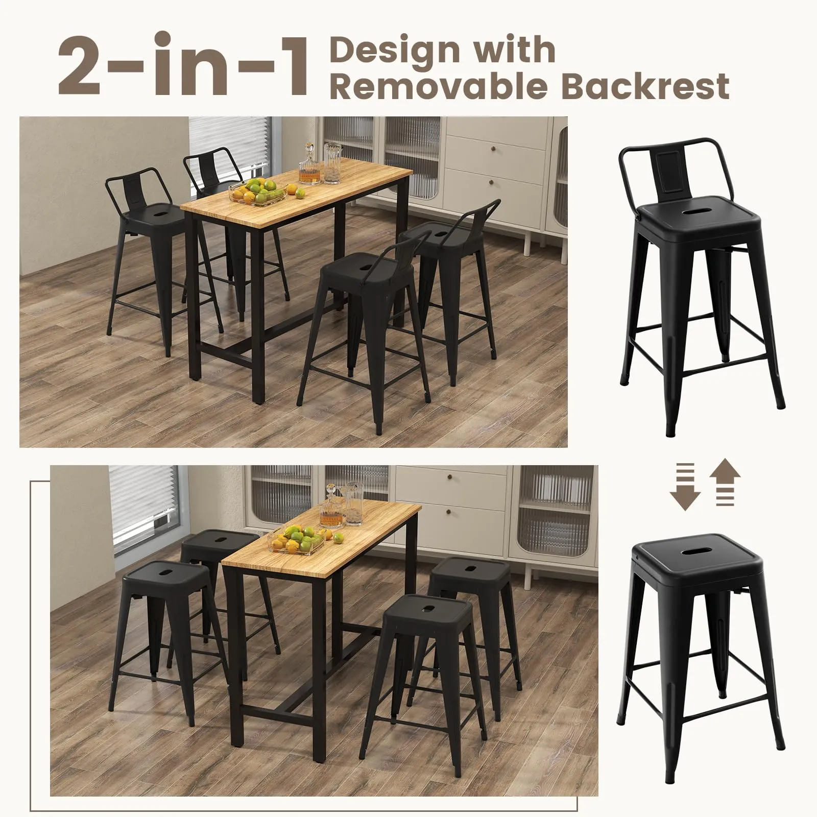 Giantex Metal Bar Stools Set of 4, 24" Counter Height Modern Industrial Barstools w/Removable Bucket Back & Footrest
