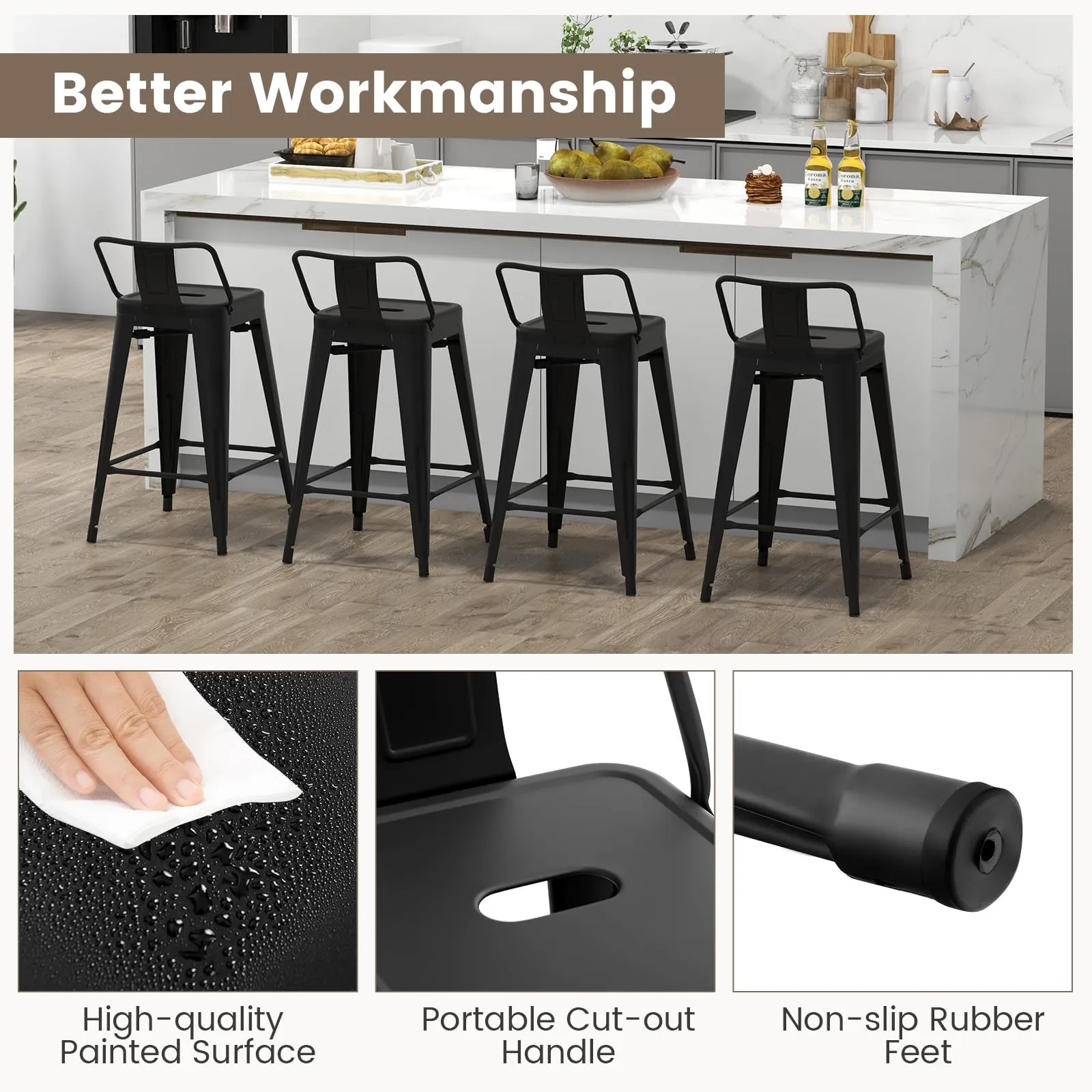 Giantex Metal Bar Stools Set of 4, 24" Counter Height Modern Industrial Barstools w/Removable Bucket Back & Footrest