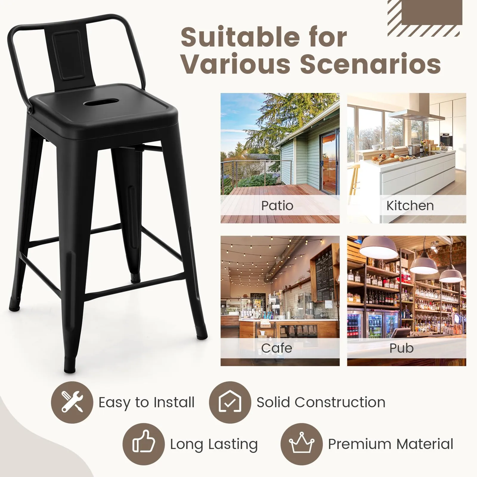 Giantex Metal Bar Stools Set of 4, 24" Counter Height Modern Industrial Barstools w/Removable Bucket Back & Footrest