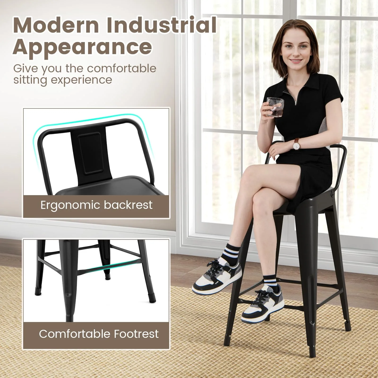 Giantex Metal Bar Stools Set of 4, 24" Counter Height Modern Industrial Barstools w/Removable Bucket Back & Footrest