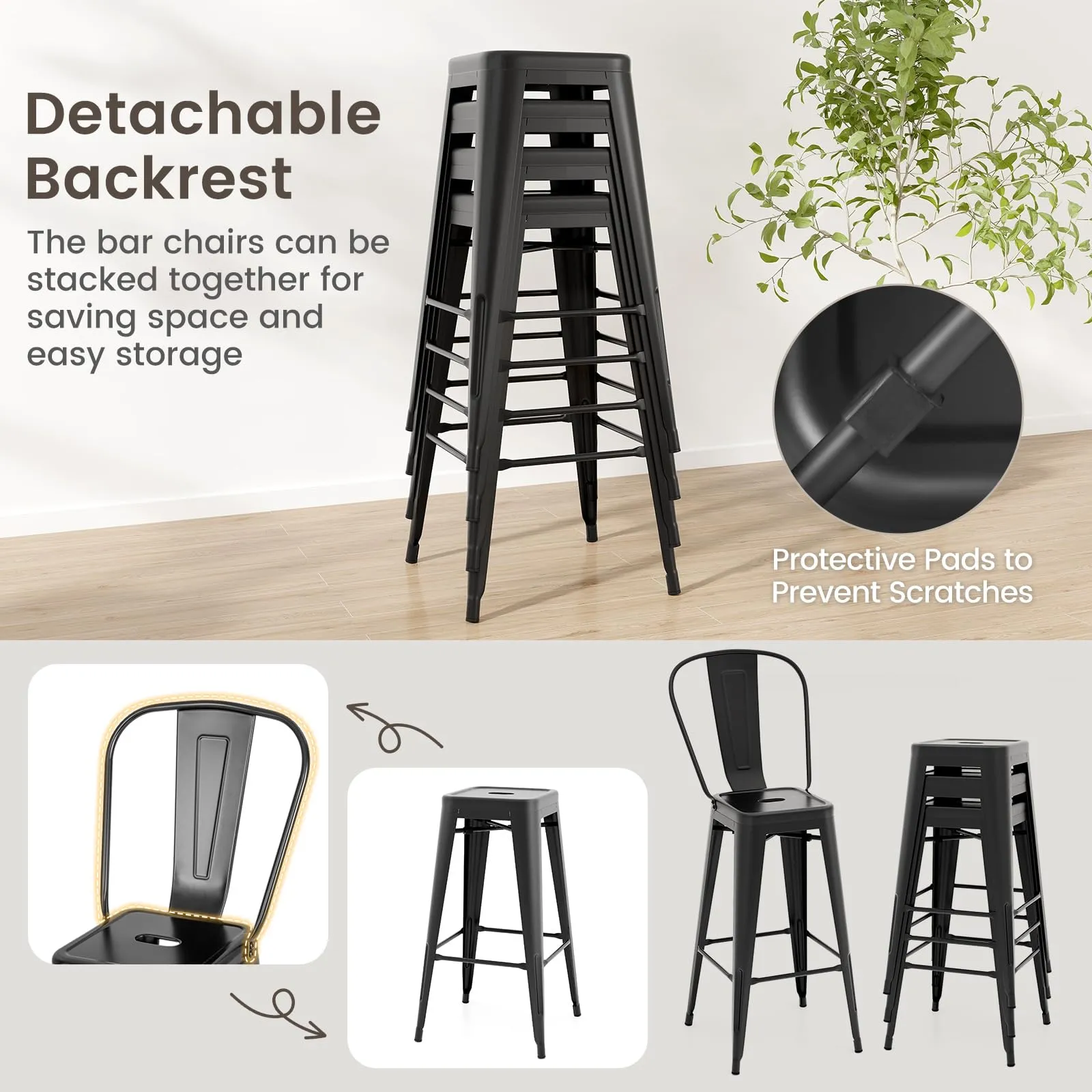Giantex Metal Bar Stools Set of 4, 30" High Back Bar Height Chairs w/Footrest & Removable Backrest