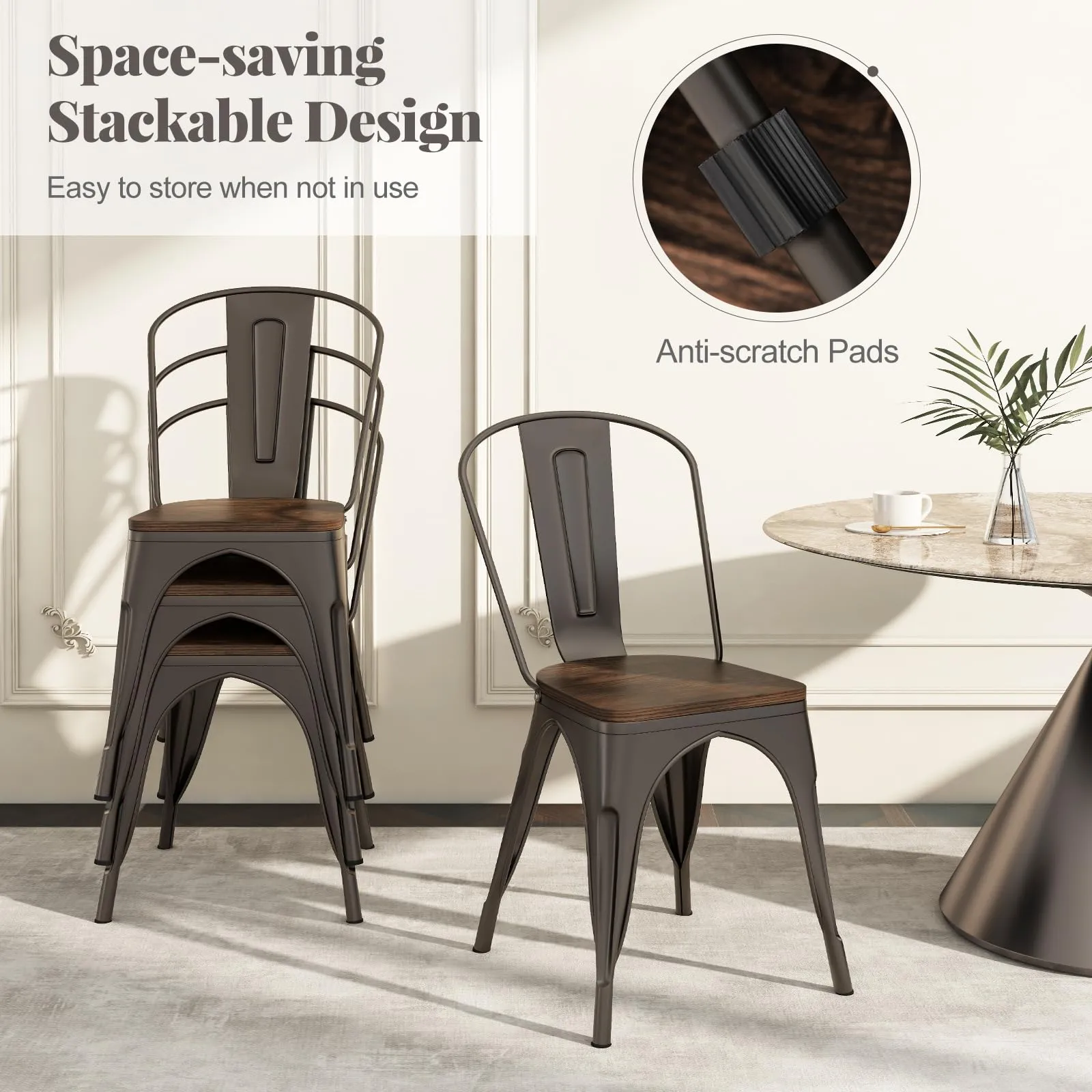 Giantex Metal Dining Chairs Set of 4, Stackable Kitchen Chairs with Wood Seat & Removable Backrest