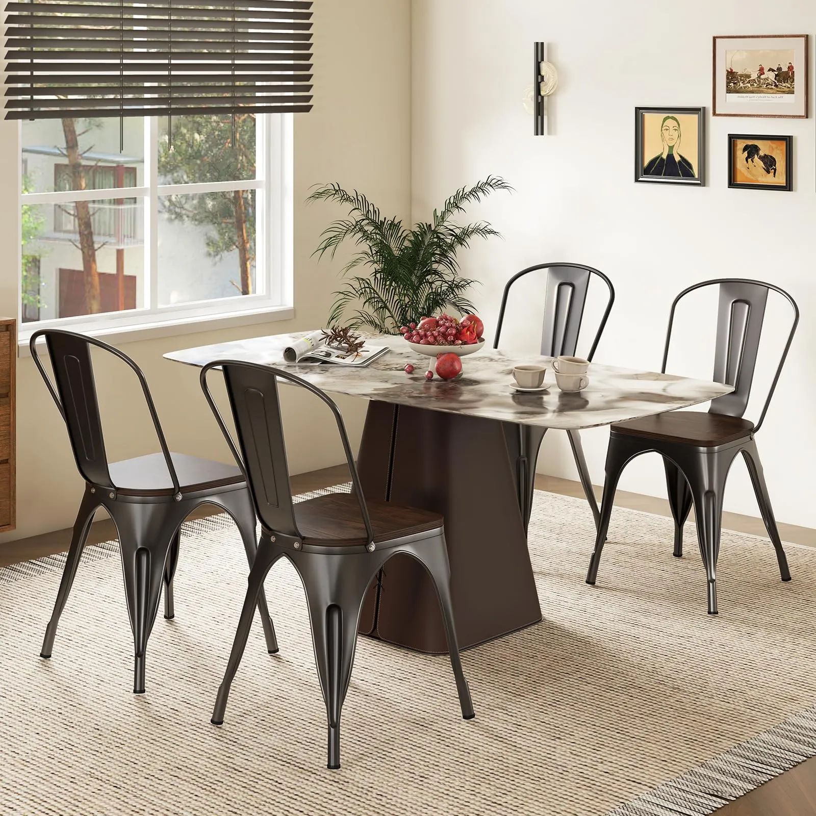 Giantex Metal Dining Chairs Set of 4, Stackable Kitchen Chairs with Wood Seat & Removable Backrest