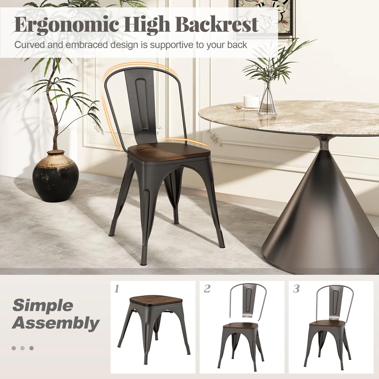 Giantex Metal Dining Chairs Set of 4, Stackable Kitchen Chairs with Wood Seat & Removable Backrest