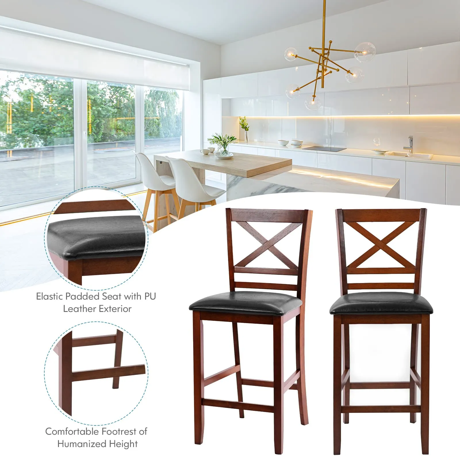 Giantex Modern 25 Counter Height Dining Pub Stools with X-Shaped Backrest, Soft Cushion & Durable PU Seat