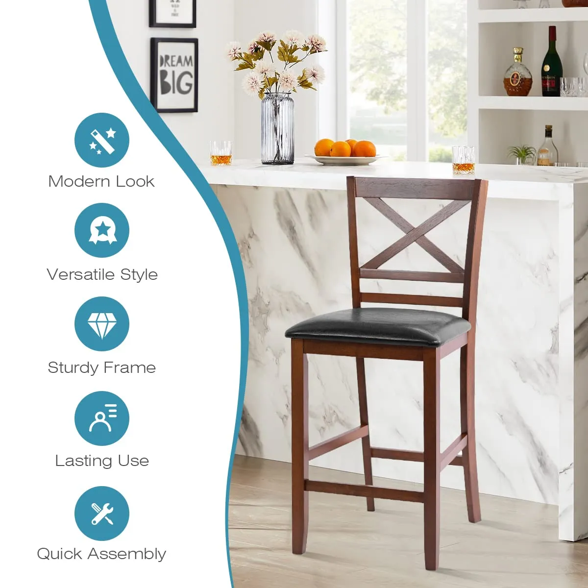 Giantex Modern 25 Counter Height Dining Pub Stools with X-Shaped Backrest, Soft Cushion & Durable PU Seat
