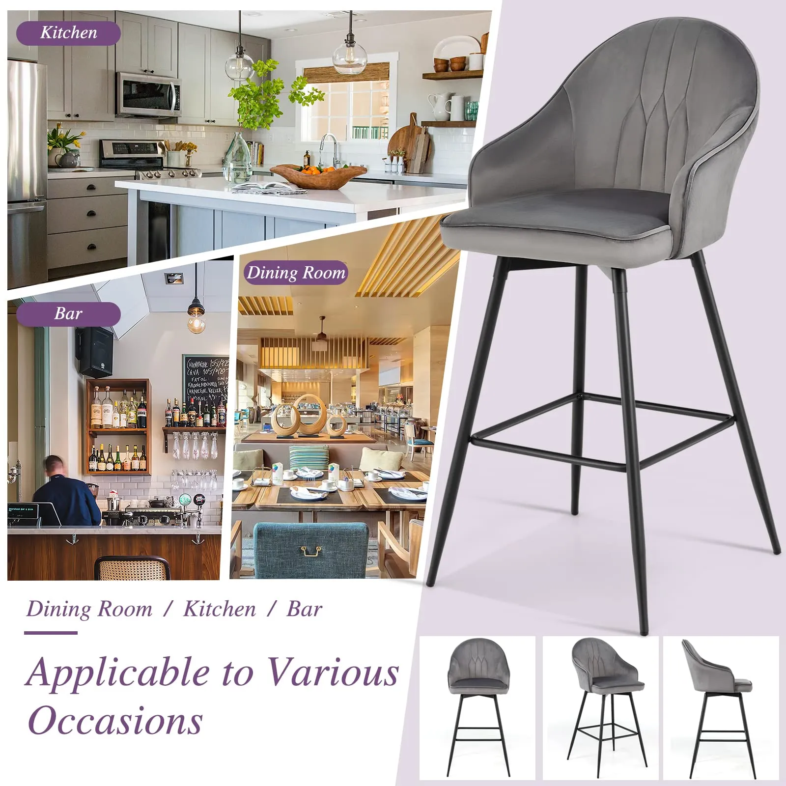 Giantex Modern Low Back Bar Chairs for Kitchen, Pub, Bistro, Grey