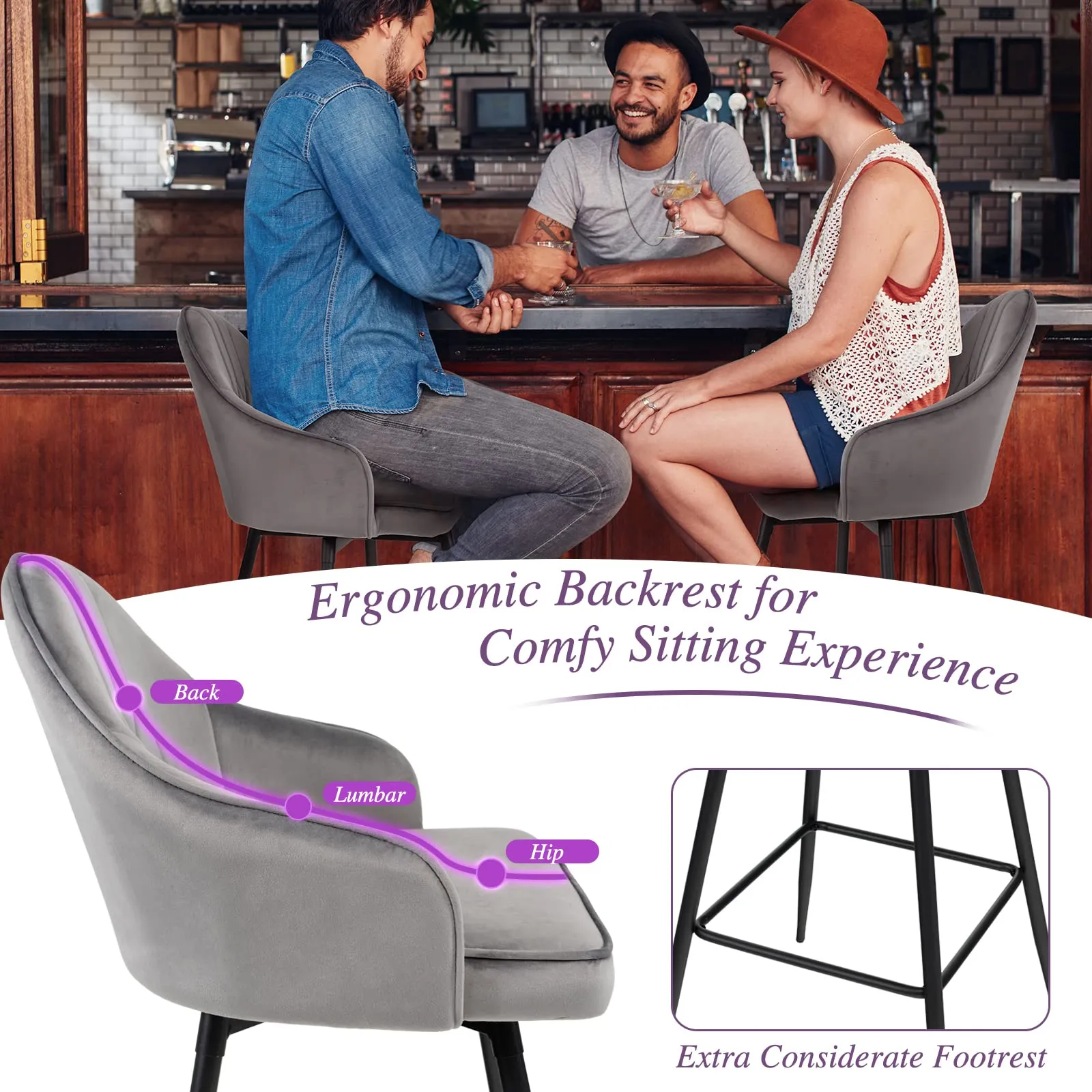 Giantex Modern Low Back Bar Chairs for Kitchen, Pub, Bistro, Grey