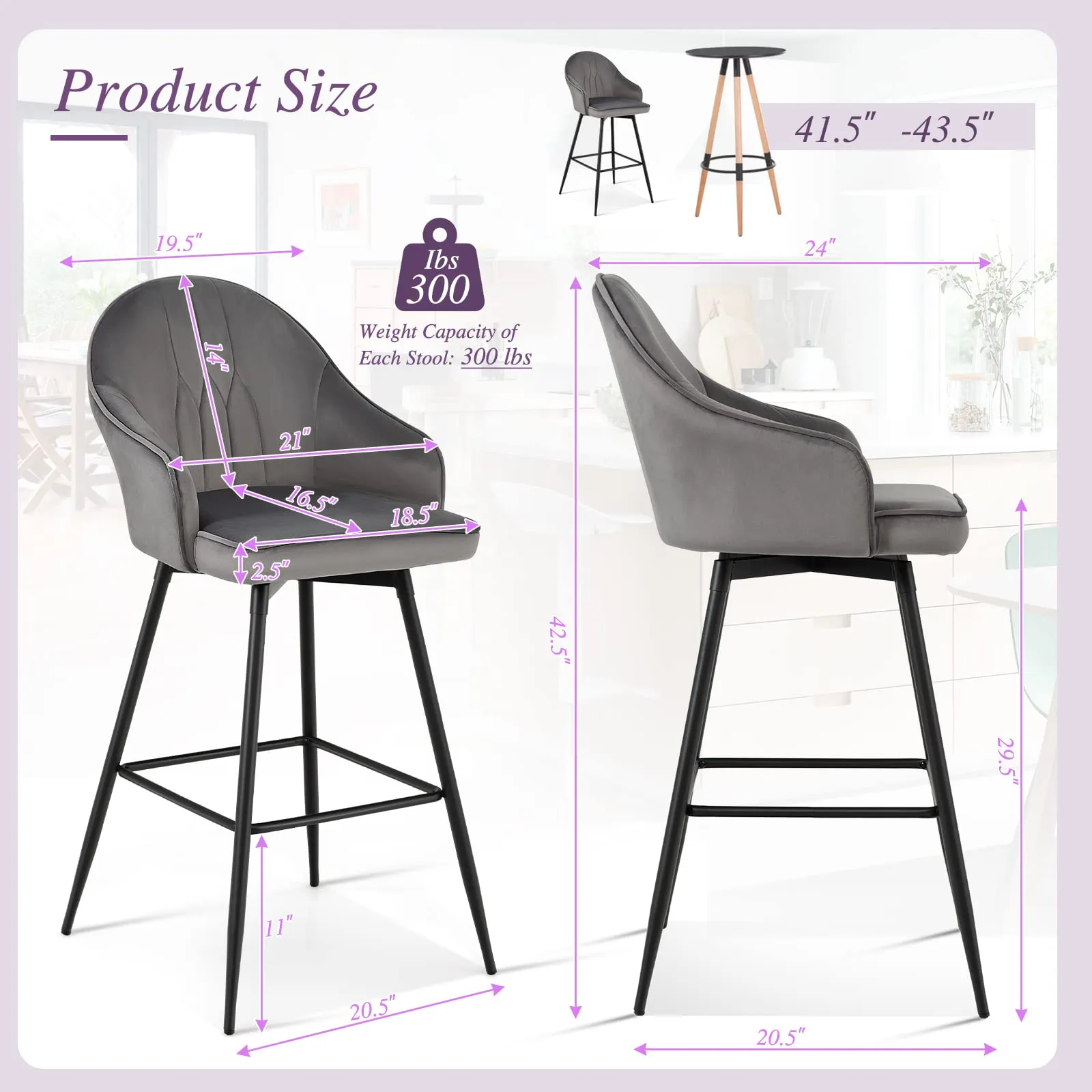 Giantex Modern Low Back Bar Chairs for Kitchen, Pub, Bistro, Grey