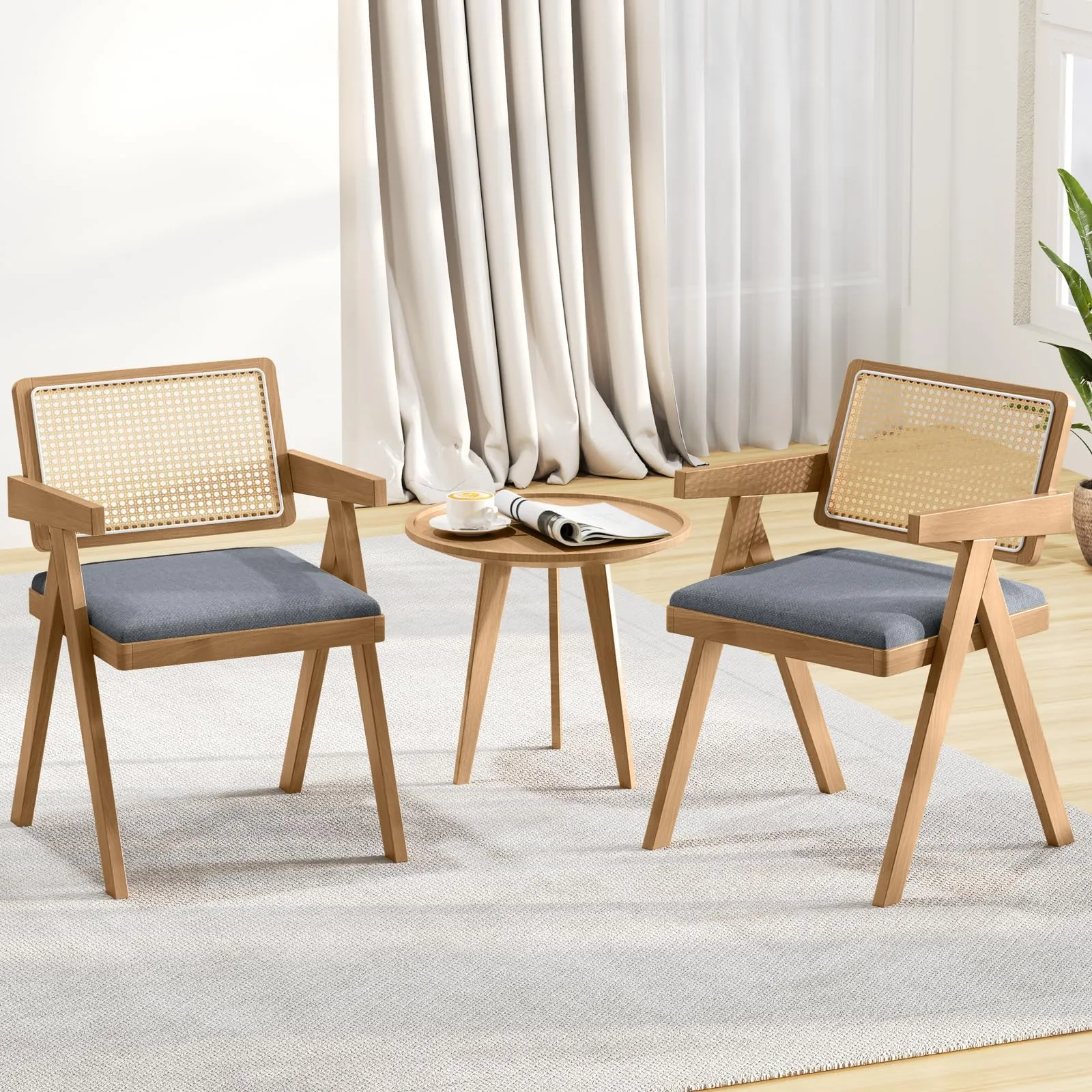 Giantex Rattan Dining Chairs, Leathaire Kitchen Chairs w/Armrests & Padded Cushion