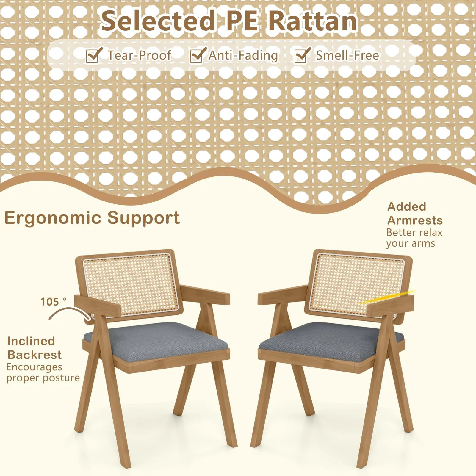 Giantex Rattan Dining Chairs, Leathaire Kitchen Chairs w/Armrests & Padded Cushion