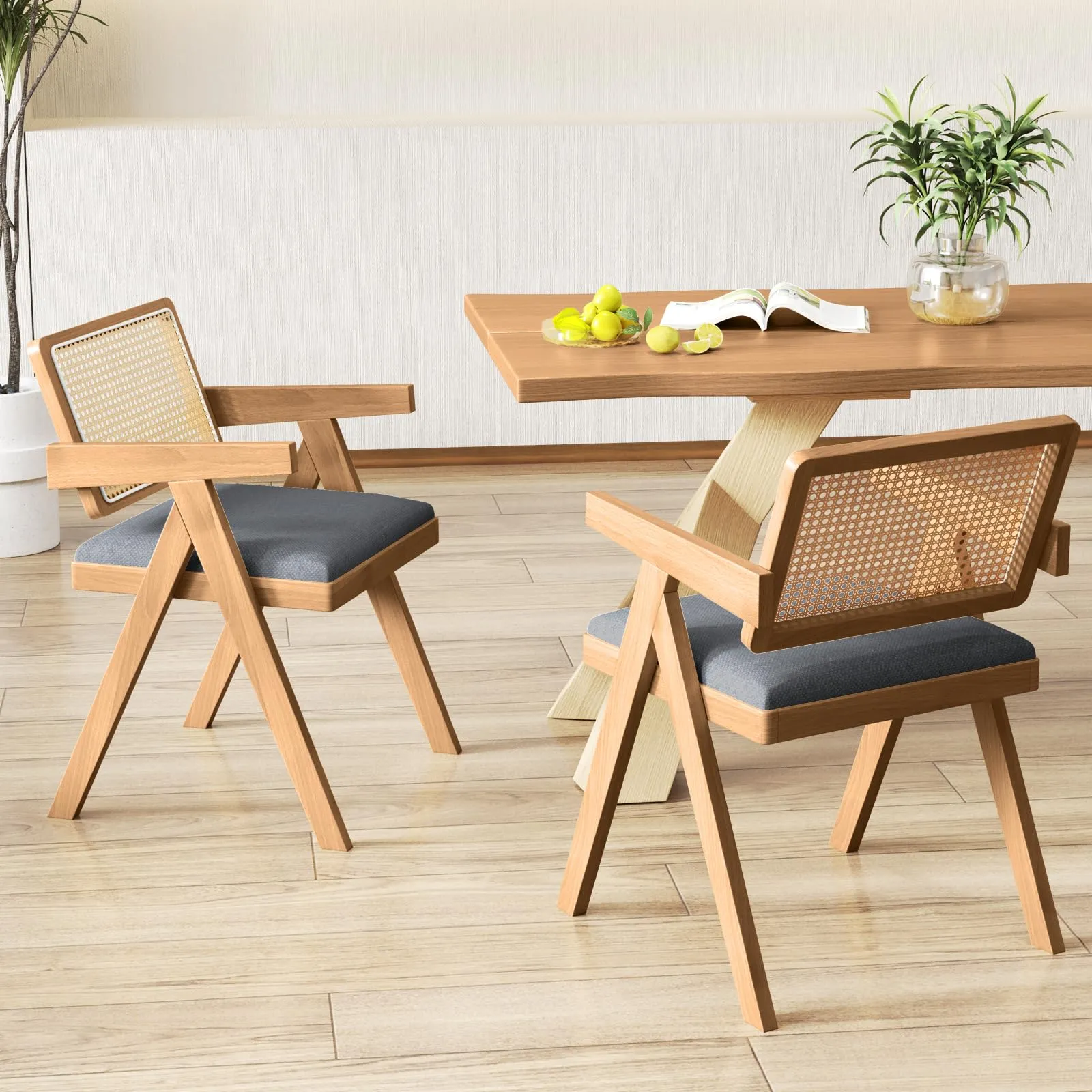 Giantex Rattan Dining Chairs, Leathaire Kitchen Chairs w/Armrests & Padded Cushion