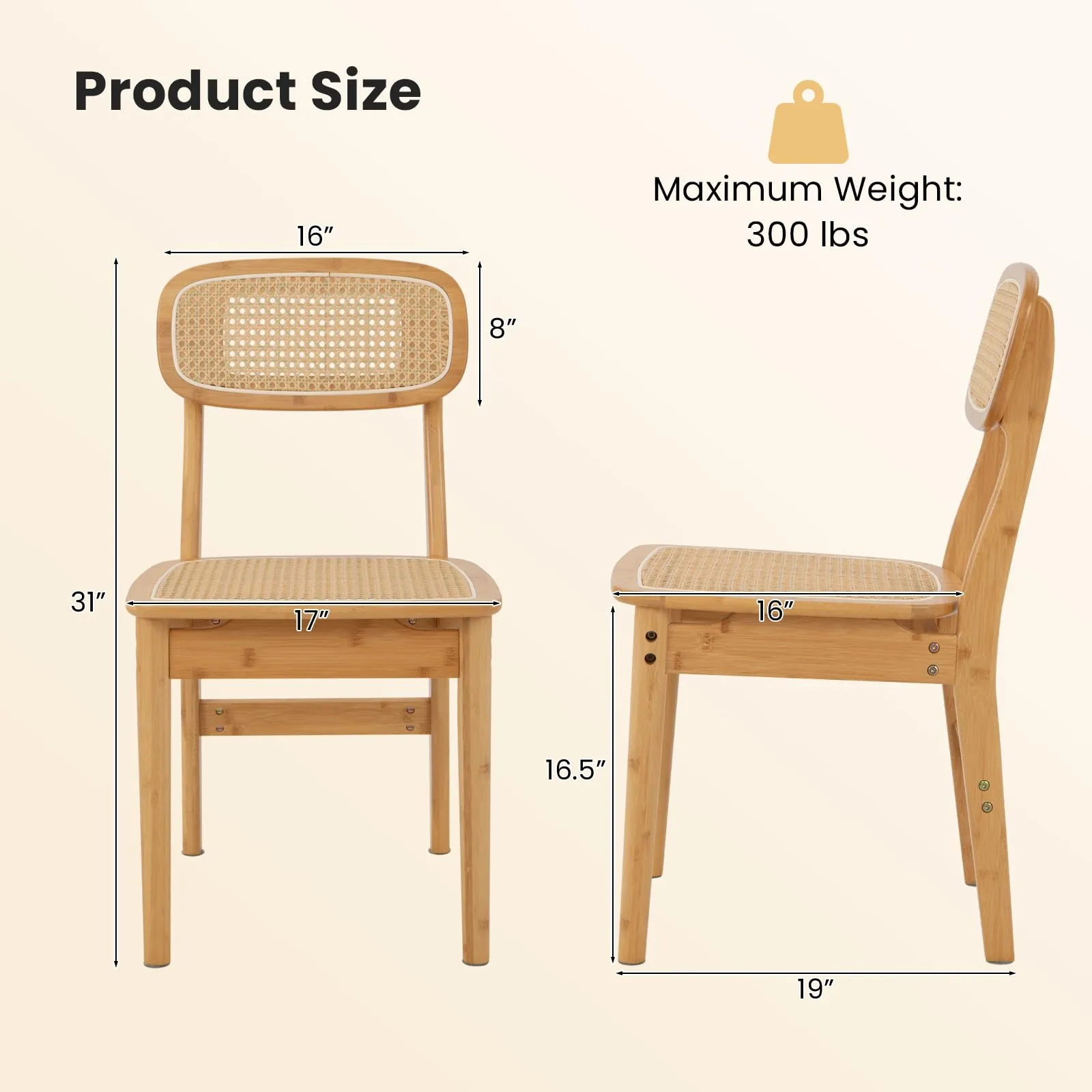 Giantex Rattan Dining Chairs Set of 2, Boho Cane Kitchen Chairs, Max Load 300 Lbs
