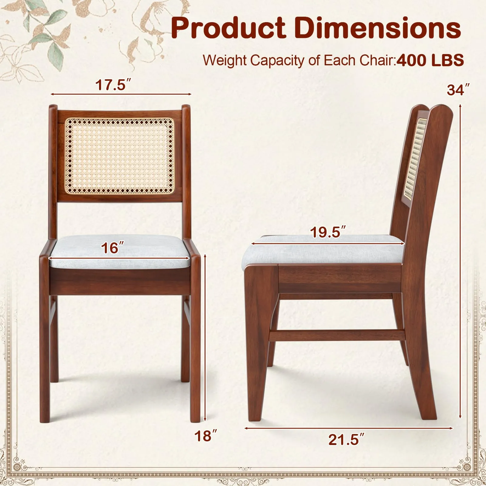 Giantex Rattan Dining Chairs Set of 2/4, Wooden Kitchen Chairs w/Cane Back, Rubber Wood Frame
