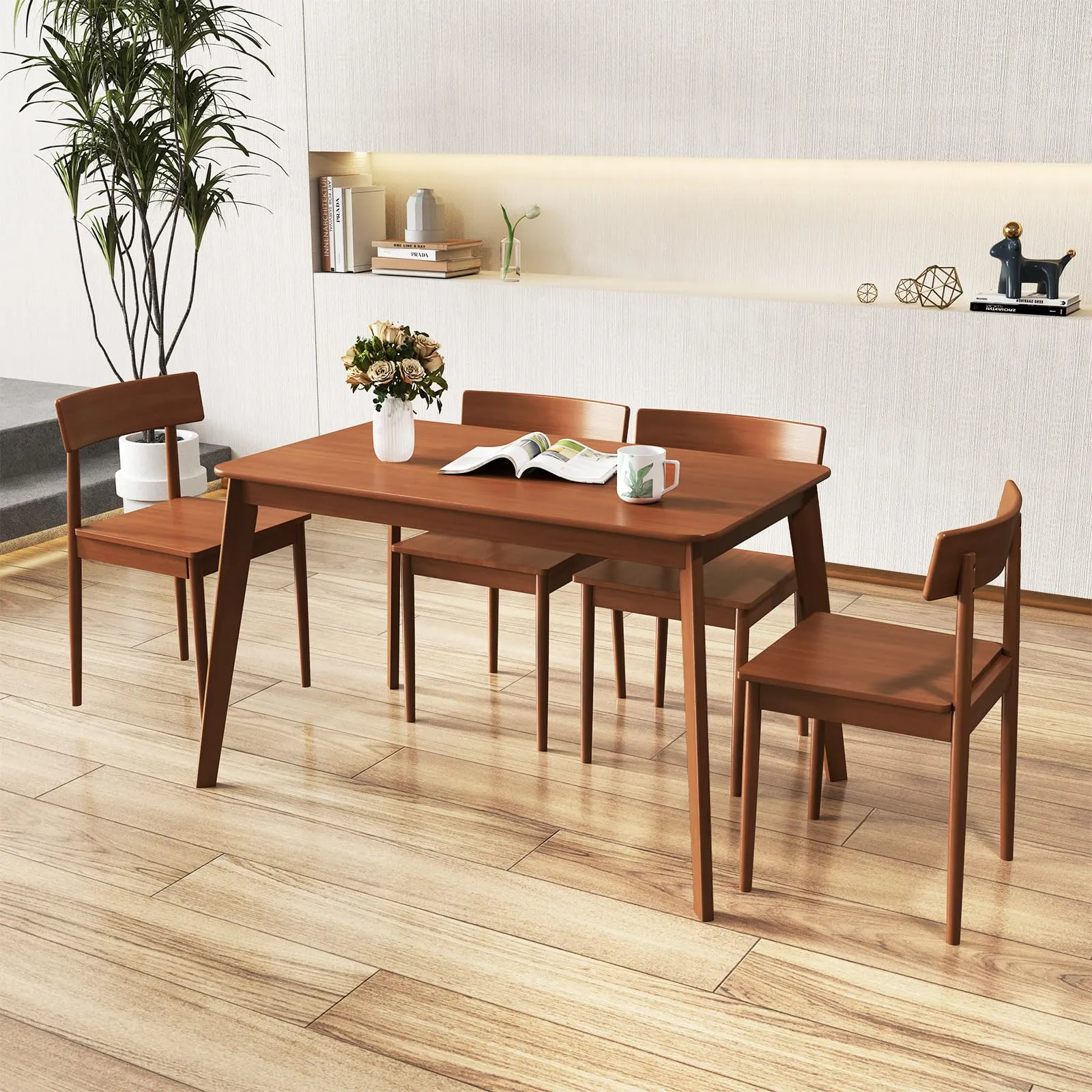 Giantex Rectangular Kitchen Table and 4 Chairs Set with Rubber Wood Frame