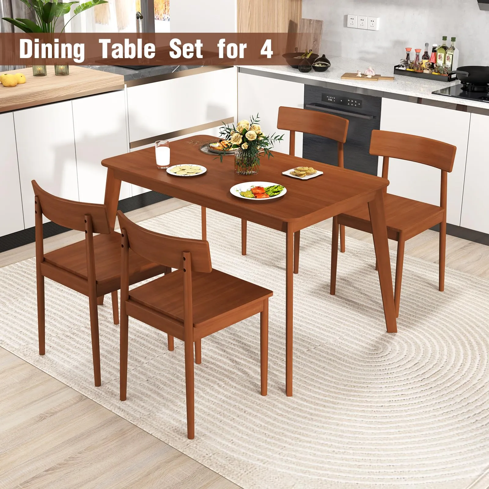 Giantex Rectangular Kitchen Table and 4 Chairs Set with Rubber Wood Frame