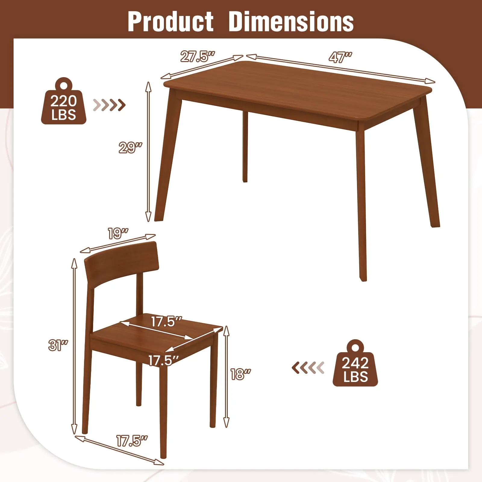 Giantex Rectangular Kitchen Table and 4 Chairs Set with Rubber Wood Frame