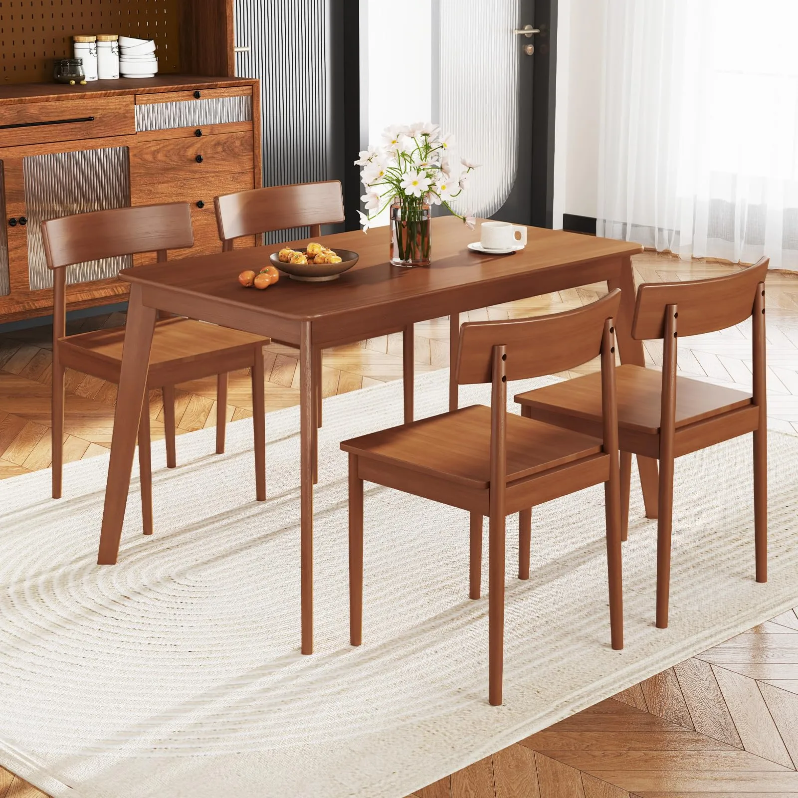 Giantex Rectangular Kitchen Table and 4 Chairs Set with Rubber Wood Frame